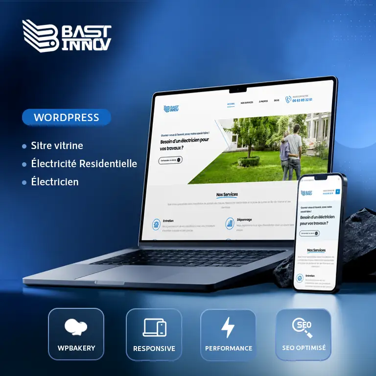 Projet Bast Innov – Site internet vitrine pour une entreprise spécialisée dans les portails électriques et l'électricité résidentielle.