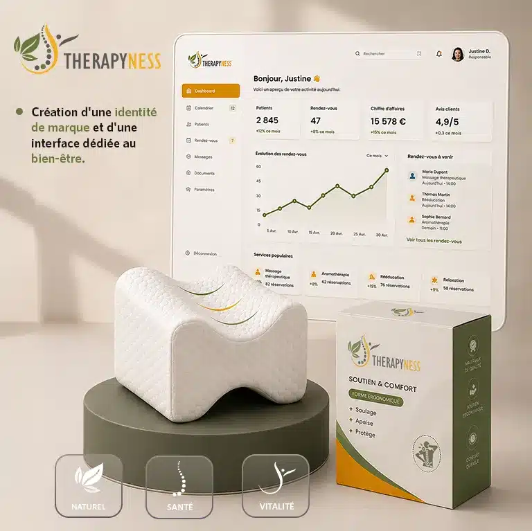 Projet Therapyness – Concept graphique d'une marque de bien-être comprenant identité visuelle, packaging ,logo et interface dashboard.