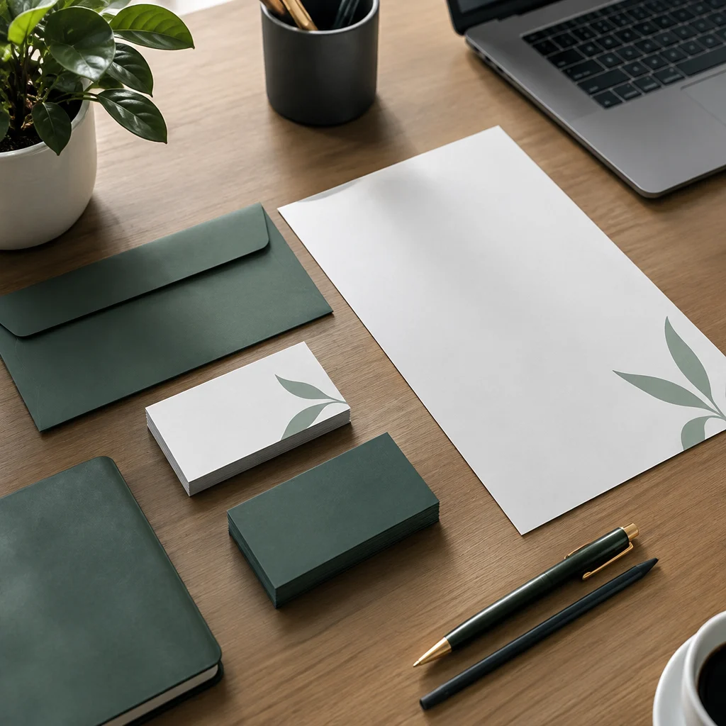 Déclinaison de l'identité visuelle sur supports de papeterie par BleanLab. Ce mockup réaliste disposé sur un bureau en bois présente une charte graphique élégante aux tons verts et naturels. Il expose un ensemble coordonné incluant des cartes de visite imprimées avec un motif végétal, du papier en-tête assorti, une enveloppe corporative et un carnet, illustrant la conception globale d'une image de marque professionnelle.