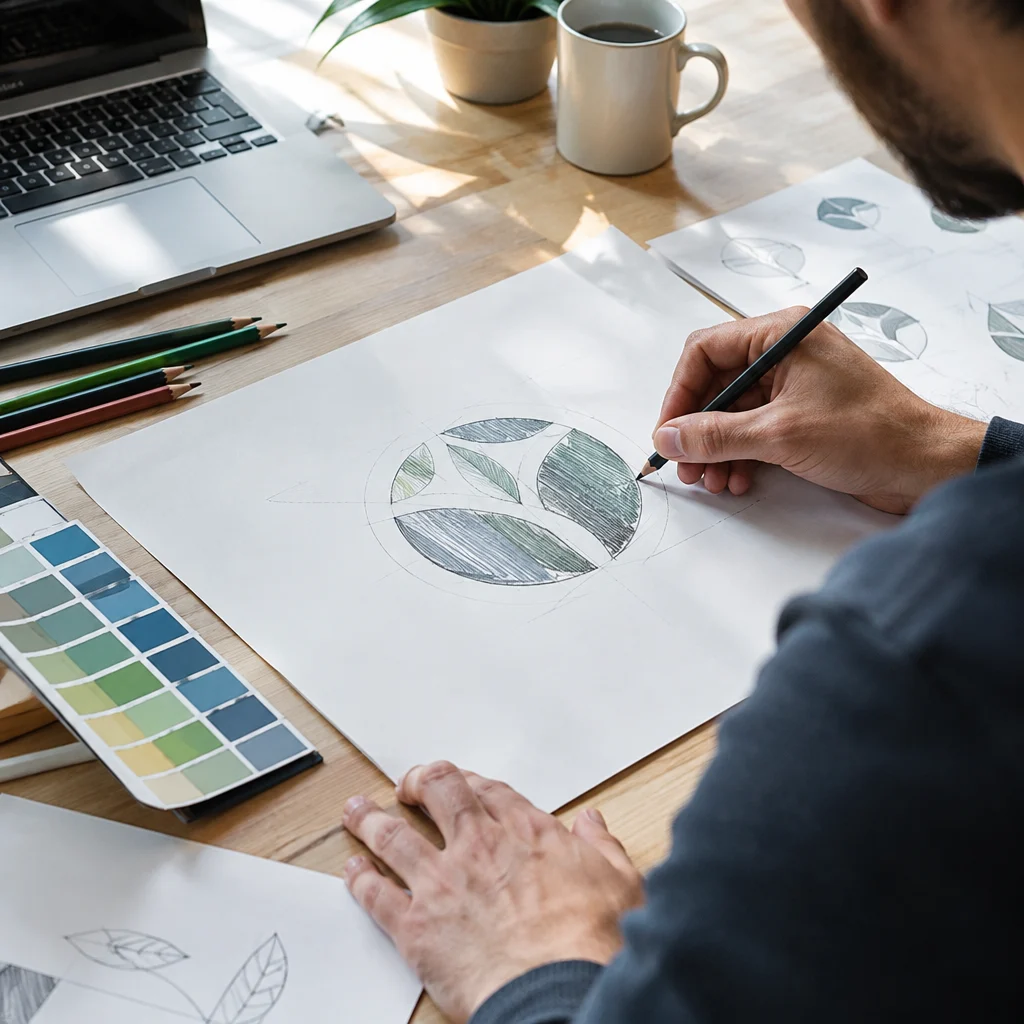 Immersion dans le processus de création de logo artisanal et numérique par BleanLab. Ce visuel capture l'art de l'esquisse manuelle sur un bureau en bois chaleureux. Un designer professionnel affine minutieusement les détails d'un logotype circulaire aux motifs organiques et naturels, remplissant les formes au crayon. Autour de lui, on aperçoit des outils de design essentiels : un nuancier Pantone, des crayons de couleur, un ordinateur portable et une tasse de café, illustrant la fusion entre l'artisanat traditionnel et la technologie dans l'élaboration de l'identité visuelle d'une marque.