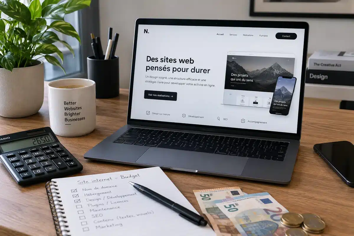 Calcul du budget de création d'un site internet en 2026 avec ordinateur portable, calculatrice et euros