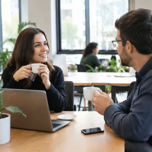 Rencontre et accompagnement stratégique lors d'un rendez-vous client avec BleanLab. L'image illustre une discussion professionnelle et chaleureuse entre une femme et un homme dans un bureau lumineux et moderne de type espace de coworking. Autour d'une table en bois, avec des tasses de café et un ordinateur portable ouvert, cet échange souligne la collaboration, l'écoute active et la gestion de projet personnalisée pour la création de sites web et d'identités visuelles.