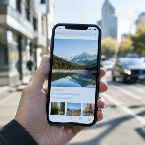 Démonstration de design responsive et création de site web optimisé pour mobile par BleanLab. Le mockup met en scène une main tenant un smartphone en environnement urbain, naviguant sur l'interface fluide et ergonomique d'un site web qui affiche une galerie photographique de paysages de montagnes.