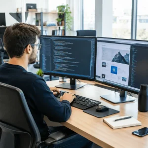 Développeur travaillant sur le code d'un site web moderne devant un double écran dans un bureau lumineux