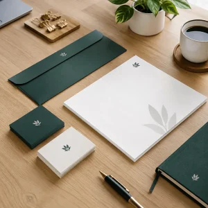 Papeterie d'une identité visuelle refaite : enveloppe, cartes de visite, papier à en-tête et carnet vert foncé portant un logo en feuilles, posés sur un bureau en bois